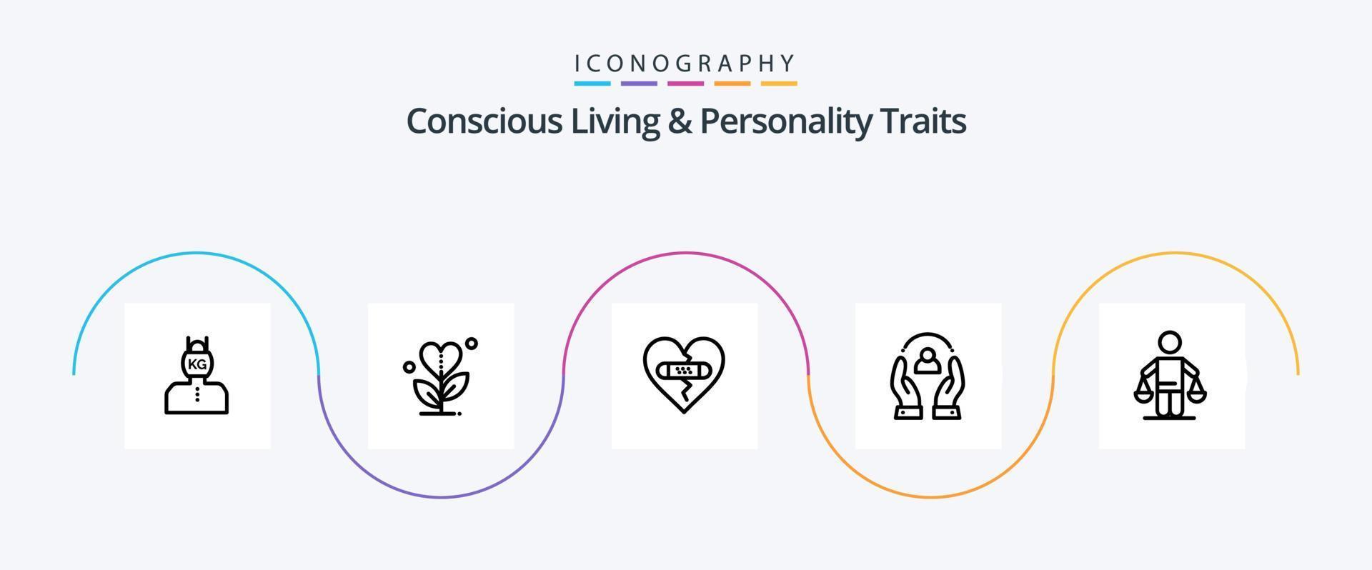 bewust leven en persoonlijkheid eigenschappen lijn 5 icoon pak inclusief menselijk. zorg. hart. liefde. vergiffenis vector