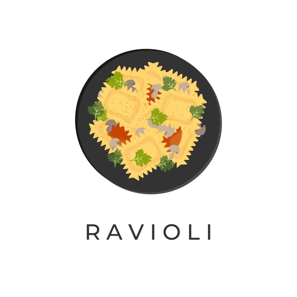 logo illustratie van ravioli pasta met tomaat saus en kaas Aan een zwart bord vector