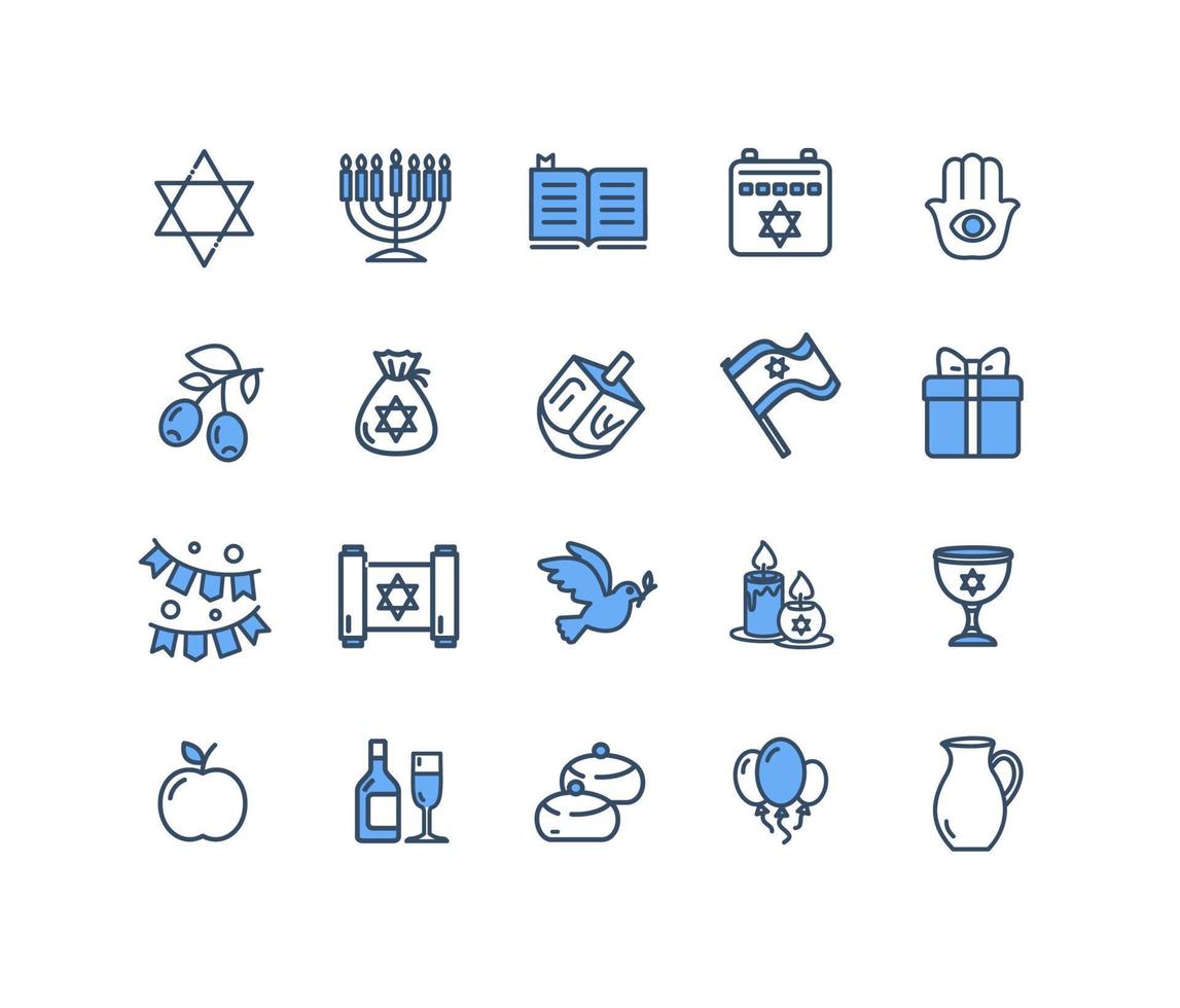 Israël Chanoeka teken kleur dun lijn icoon set. vector