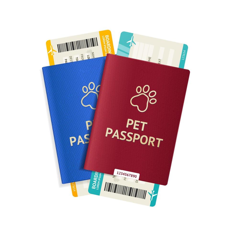 realistisch gedetailleerd 3d huisdier paspoort en ticket set. vector