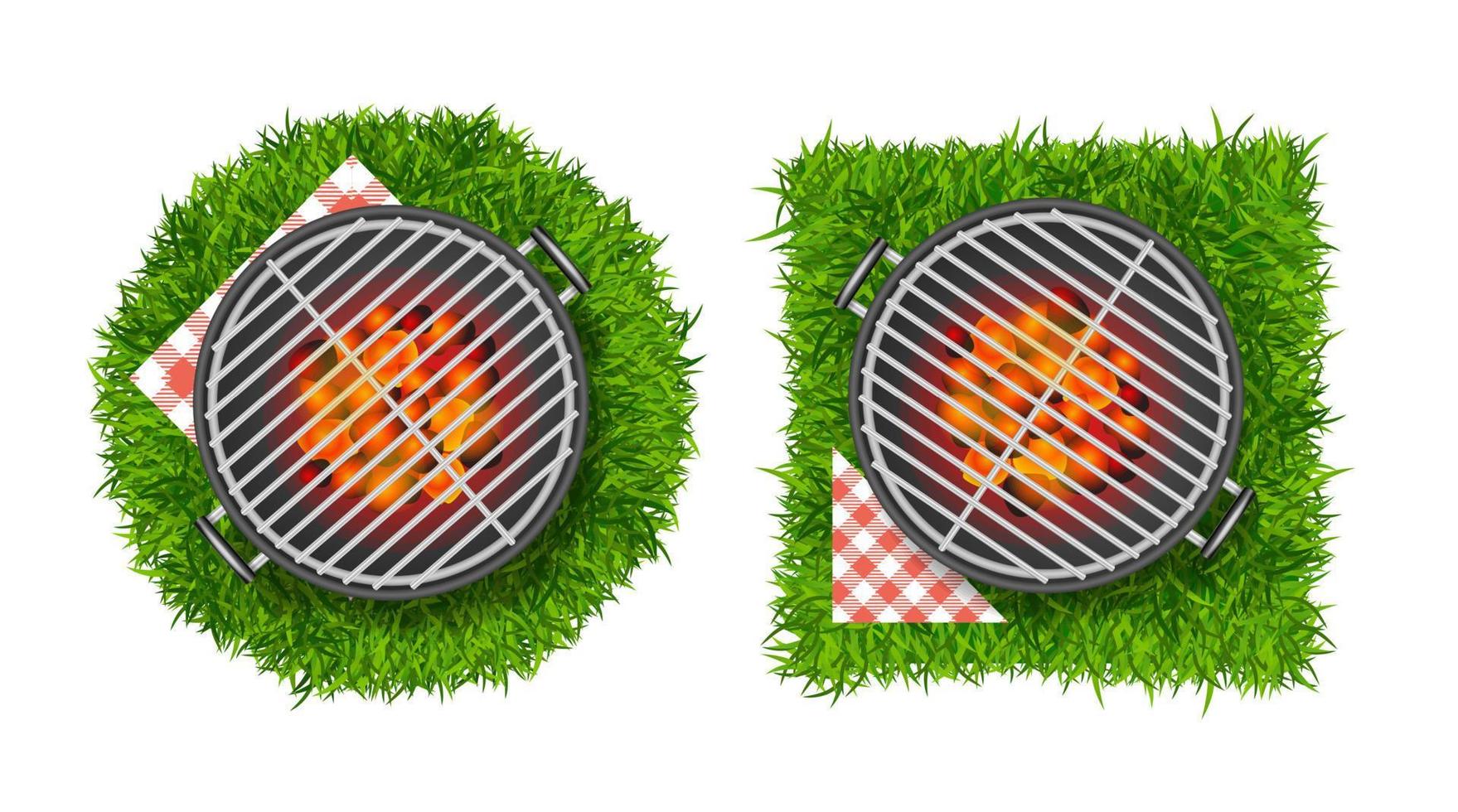 realistisch gedetailleerd 3d bbq of barbecue rooster reeks Aan levendig groen gras. vector