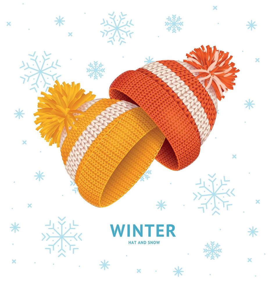 winter tijd concept met realistisch gedetailleerd 3d gebreid hoeden met pompons. vector