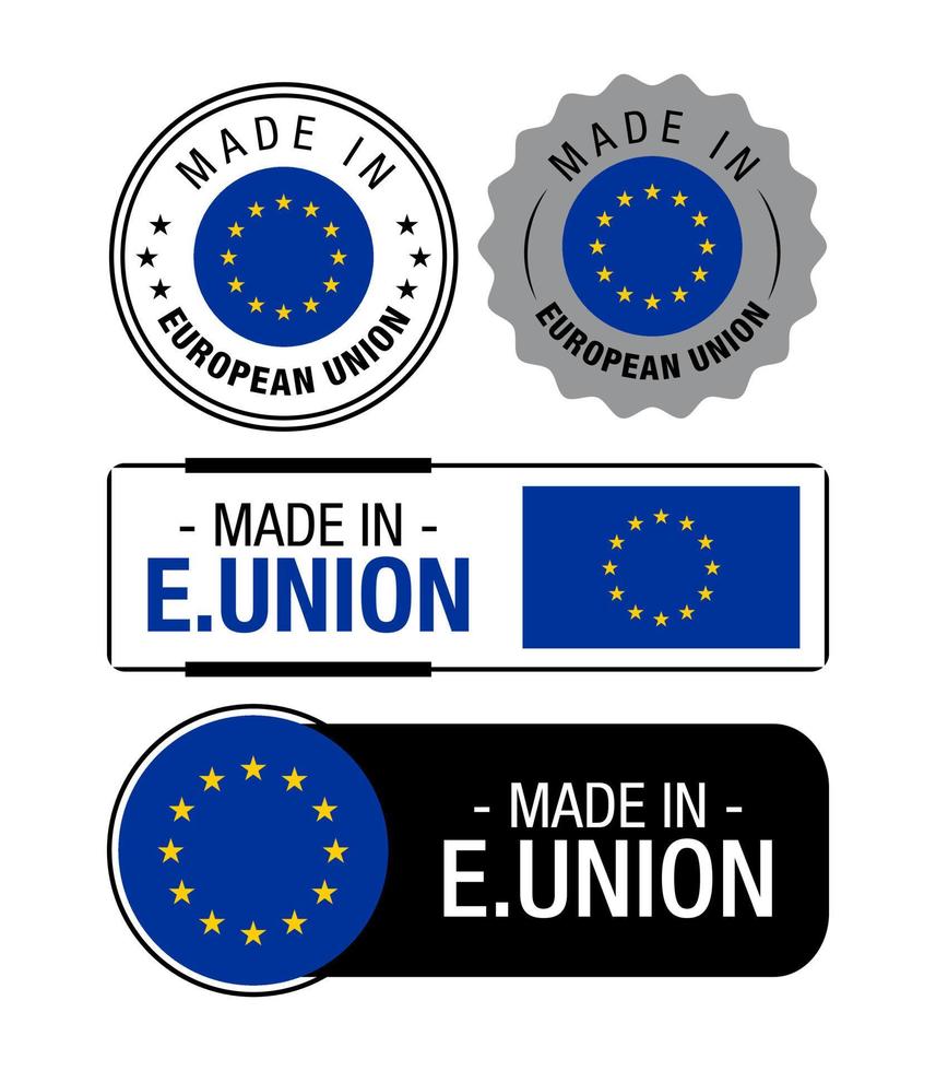 reeks van gemaakt in Europese unie etiketten, logo, Europese unie vlag, Europese unie Product embleem vector