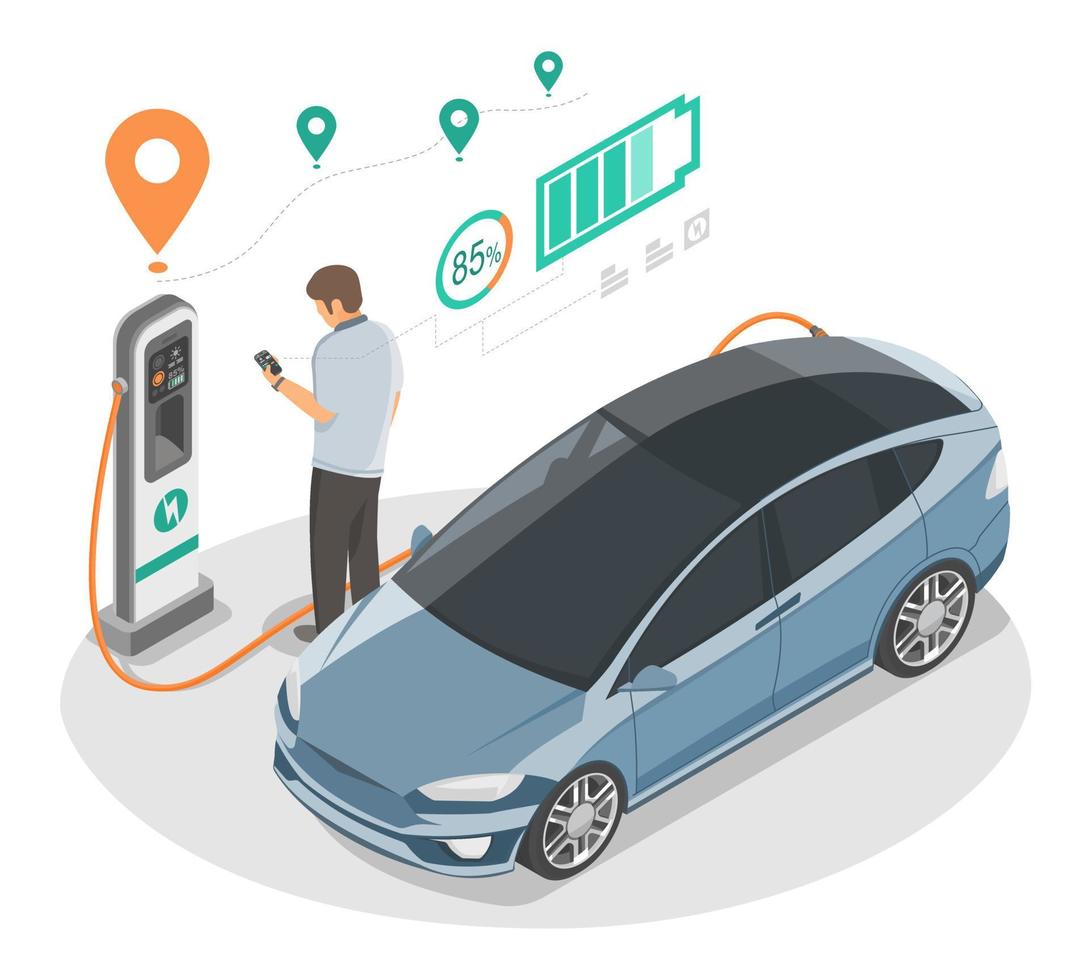 ev elektrisch auto hou op Bij opladen station concept mannen gebruik smartphone naar planning controleren plaats kaart en betalen toezicht houden in tussen reizen tijd en Gaan werk isometrische vector geïsoleerd