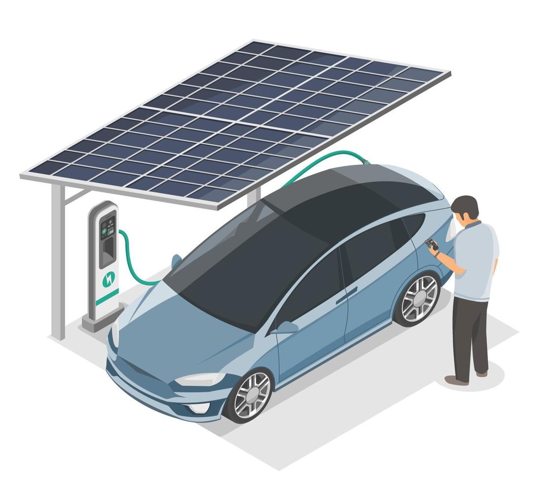 ev elektrisch auto opladen parkeren station schoon energie van zonne- cel ecologie concept isometrische vector geïsoleerd