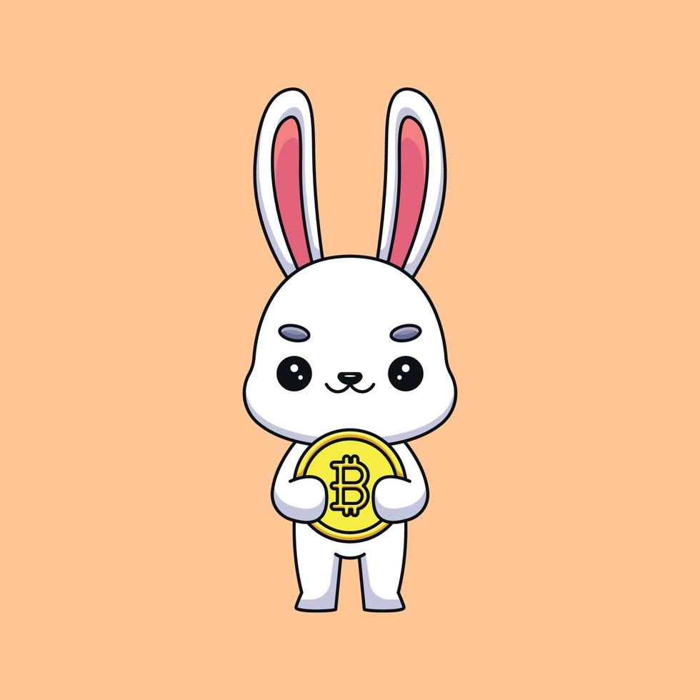 schattig konijn Holding bitcoin tekenfilm mascotte tekening kunst hand- getrokken schets concept vector kawaii icoon illustratie