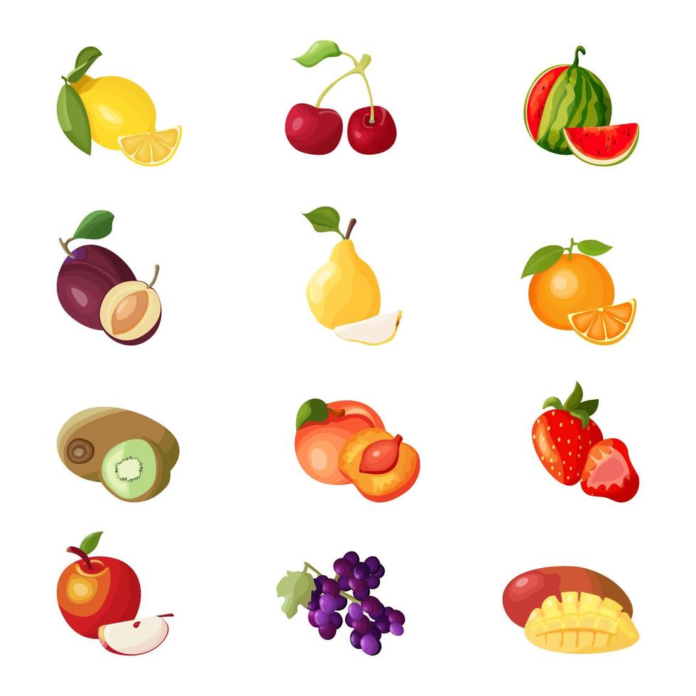 fruit en bessen set, citroen, kers, watermeloen, pruim, Peer, oranje, kiwi, perzik, aardbei, appel, druif, mango, vector beeld