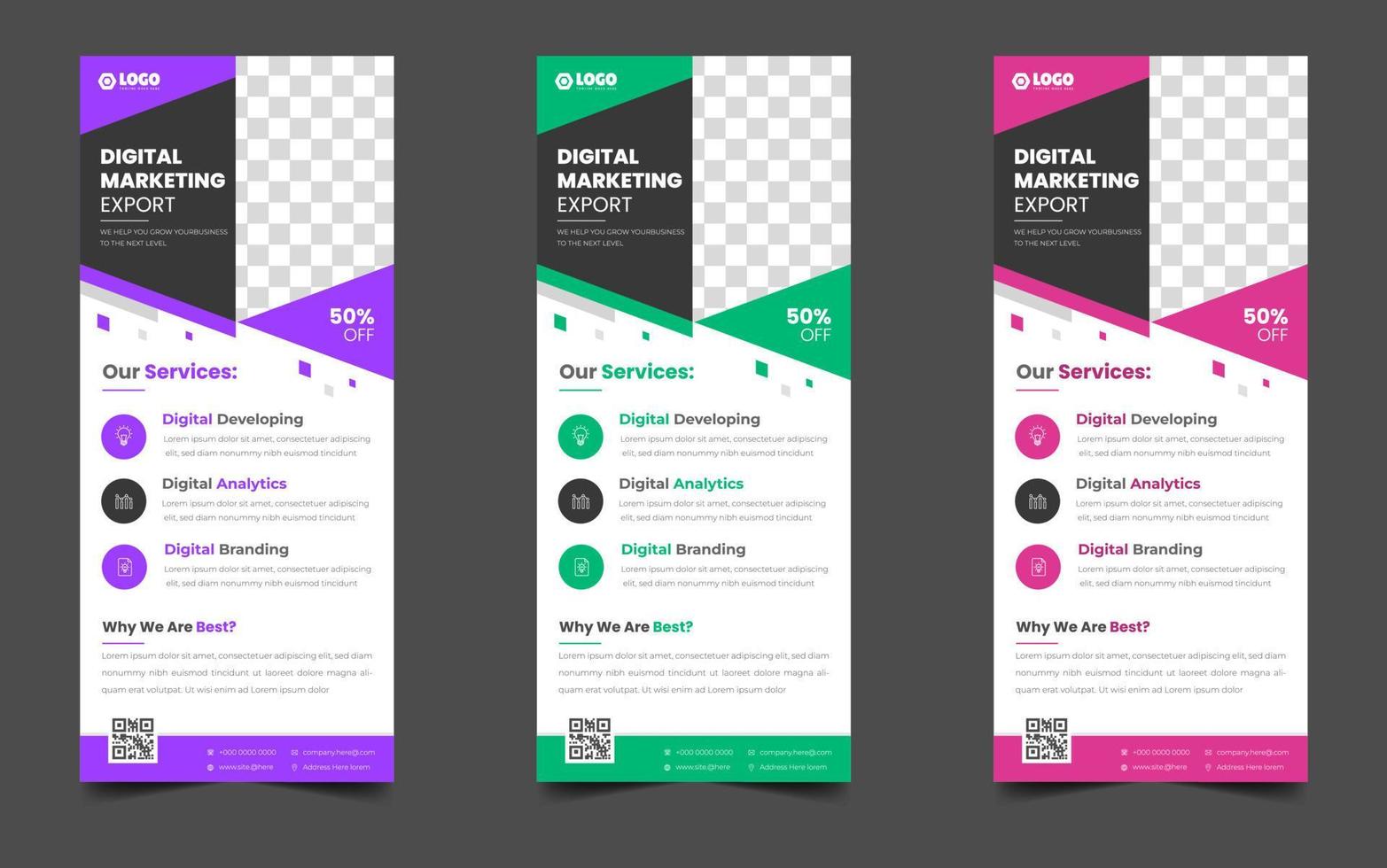 digitaal afzet zakelijke bedrijf rollen omhoog banier of staan banier ontwerp sjabloon met Purper, groente, rood kleur. digitaal afzet zakelijke bedrijf modern rek kaart en dl folder ontwerp sjabloon. vector