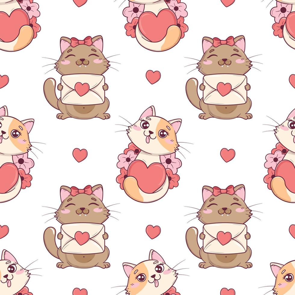 naadloos patroon met kawaii schattig Valentijn katten met harten en bloemen voor Valentijnsdag dag vector