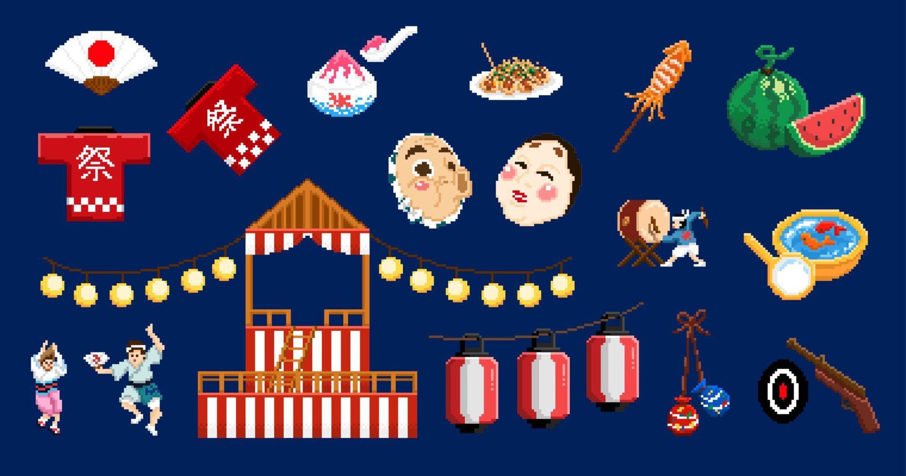 Japan zomer festival element set. pixel illustratie van stand van gamen, Japans keukens, en optredens Bij zomertijd feest geïsoleerd Aan donker blauw achtergrond vector