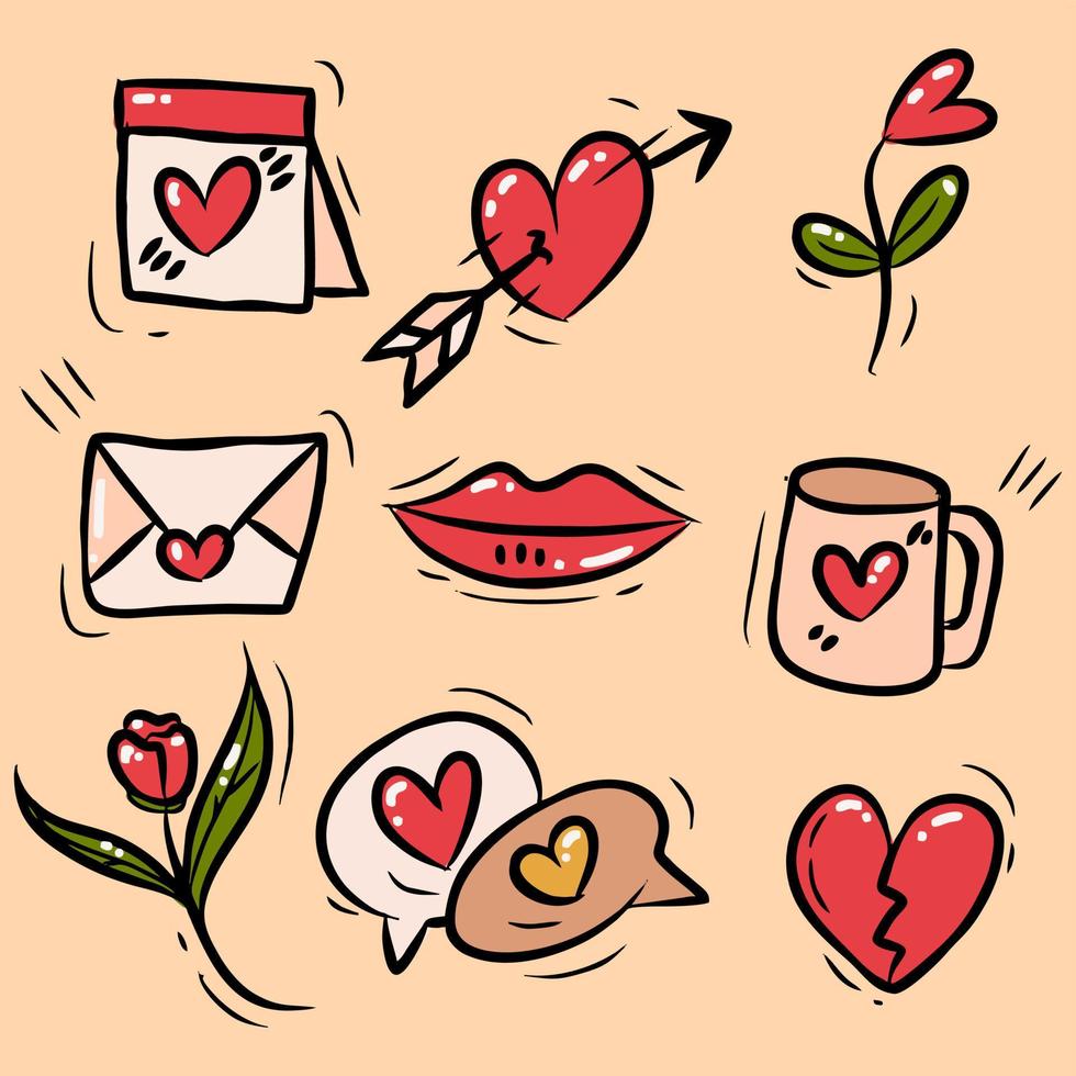 vector reeks van Valentijn dag symbolen met hand- getrokken verzameling stijl