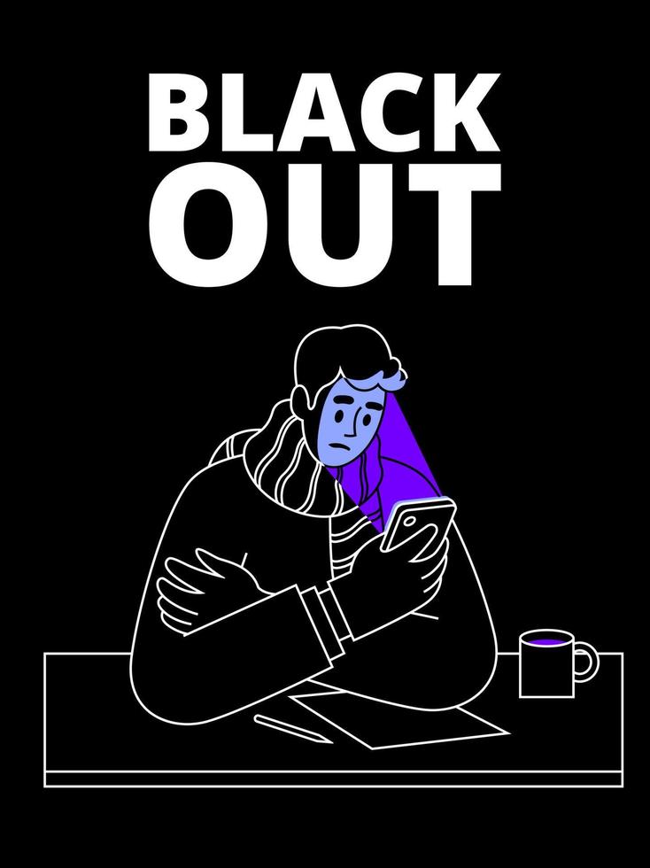 poster met een Mens op zoek Bij een smartphone Aan de thema van Black Out. vector illustratie