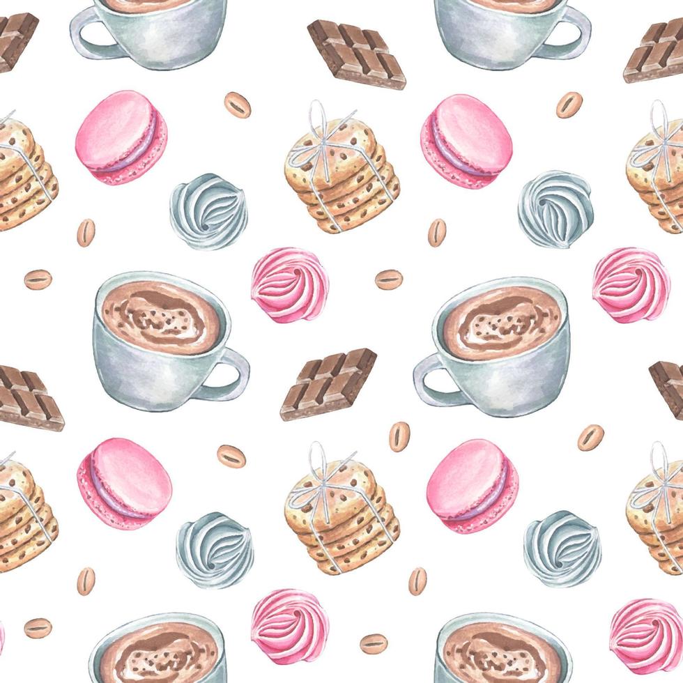 naadloos patroon met koffie, marshmallows, koekjes, waterverf vector