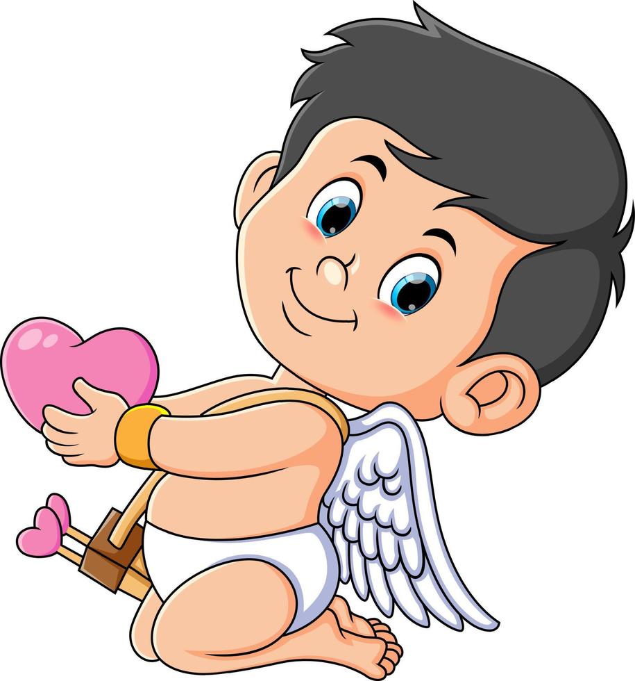 de gelukkig Cupido jongen is Holding de liefde voor geschenk vector