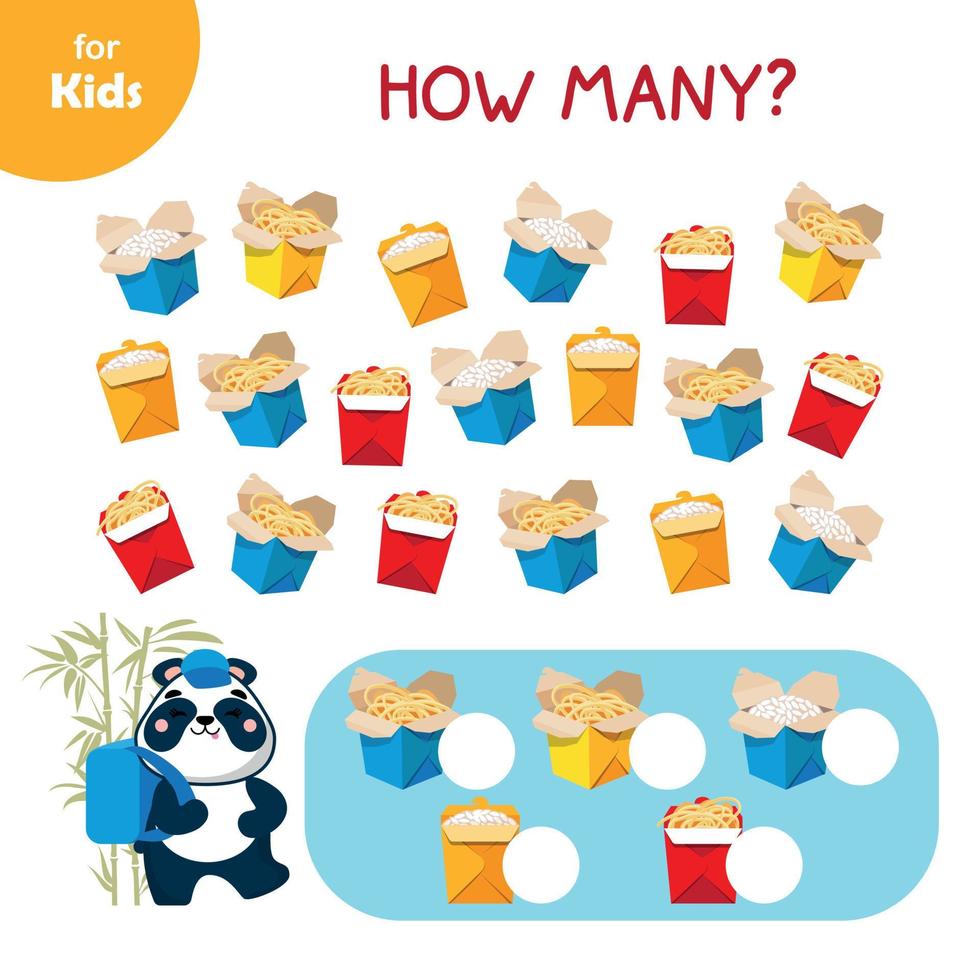 mini spel voor kinderen, Aziatisch keuken. helpen de panda tellen de levering dozen, peuter- onderwijs. Japans cultuur, keuken van verschillend landen. traditioneel Aziatisch voedsel. vector