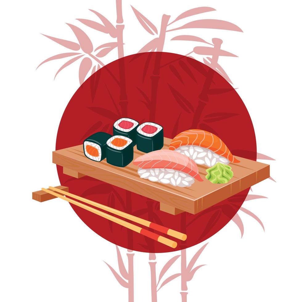 reeks van sushi Aan een houten bord met saus. wit achtergrond met bamboe en zon vector