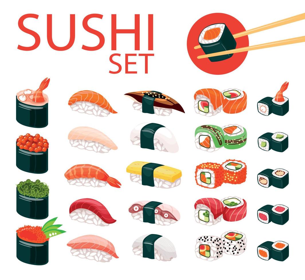 Aziatisch eten. groot reeks met verschillend types van sushi, broodjes, nigiri, gukans, saus. vector