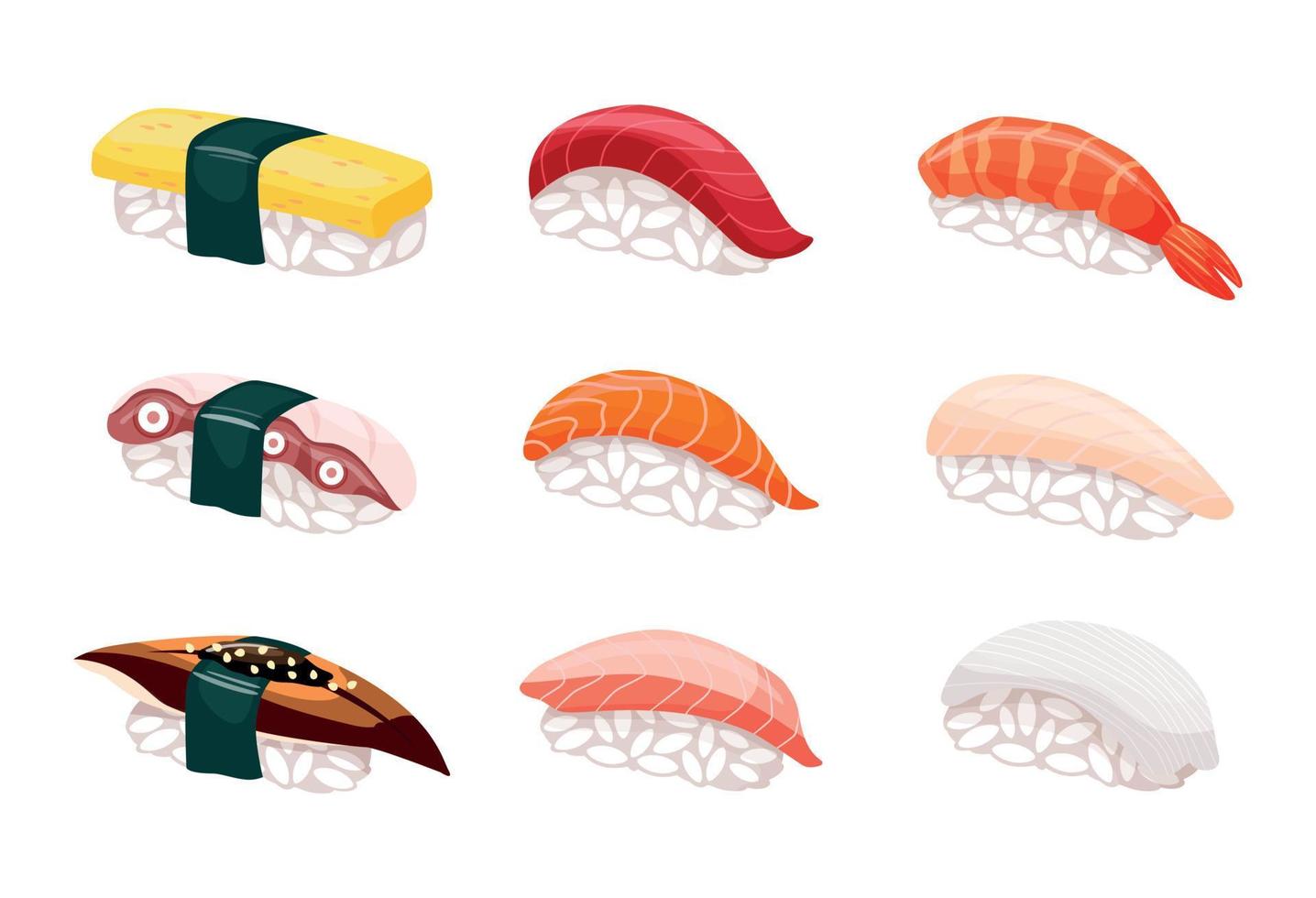 Aziatisch eten. Japans keuken, reeks met nigiri. wit achtergrond, geïsoleerd voorwerp vector