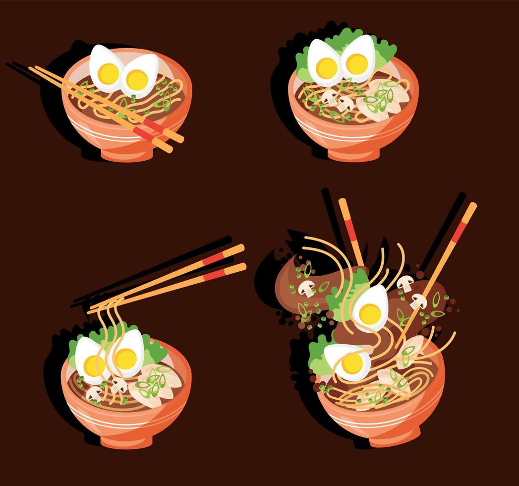 Aziatisch eten. soep ramen, traditioneel Aziatisch soep. Japans soep met ei, kip en noedels, sticker vector