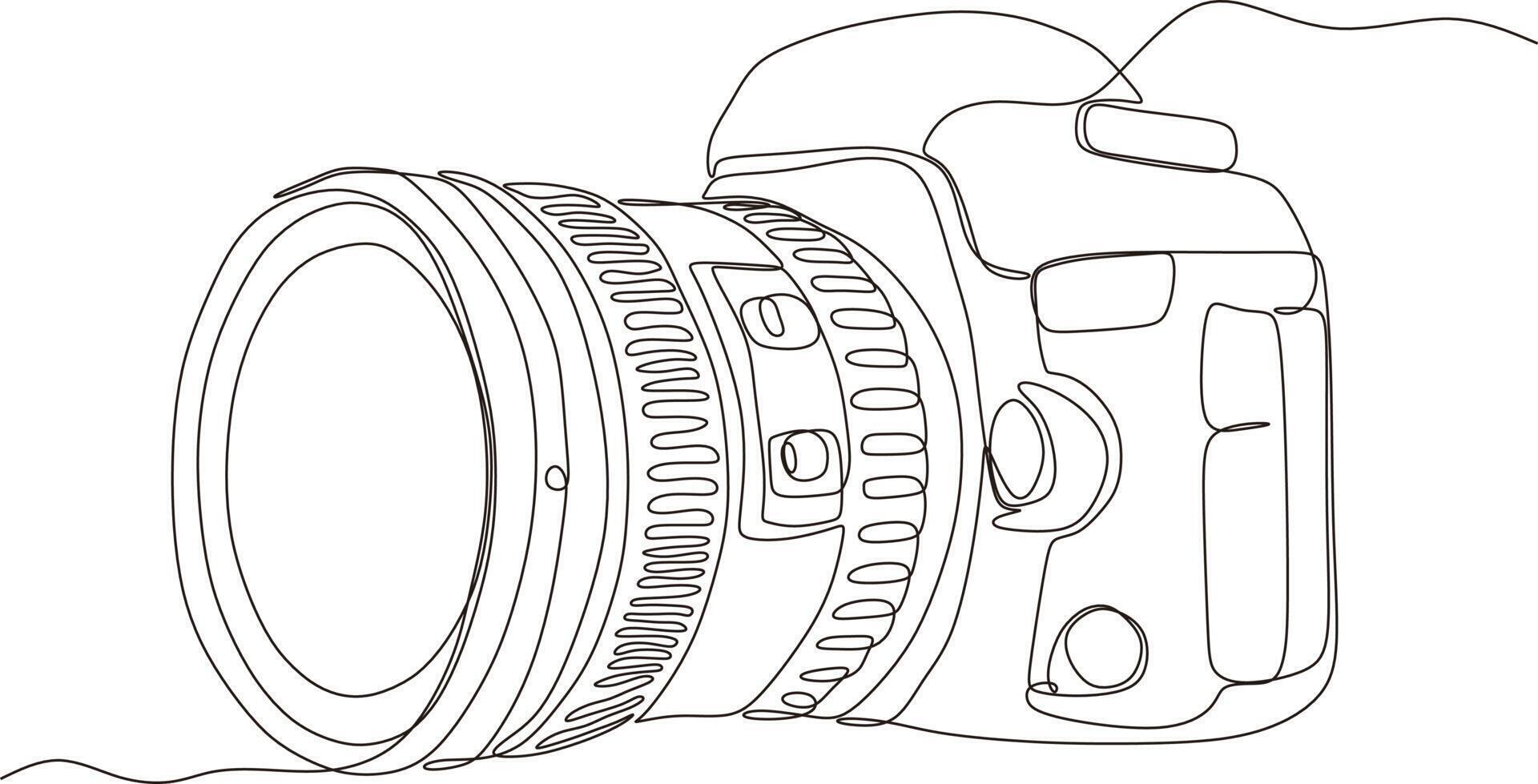 zwart en wit een lijn camera ontwerp. dslr camera digitaal vector met single doorlopend lijn tekening in lineair minimalisme stijl. fotografisch uitrusting concept geïsoleerd Aan achtergrond vector ontwerp ik