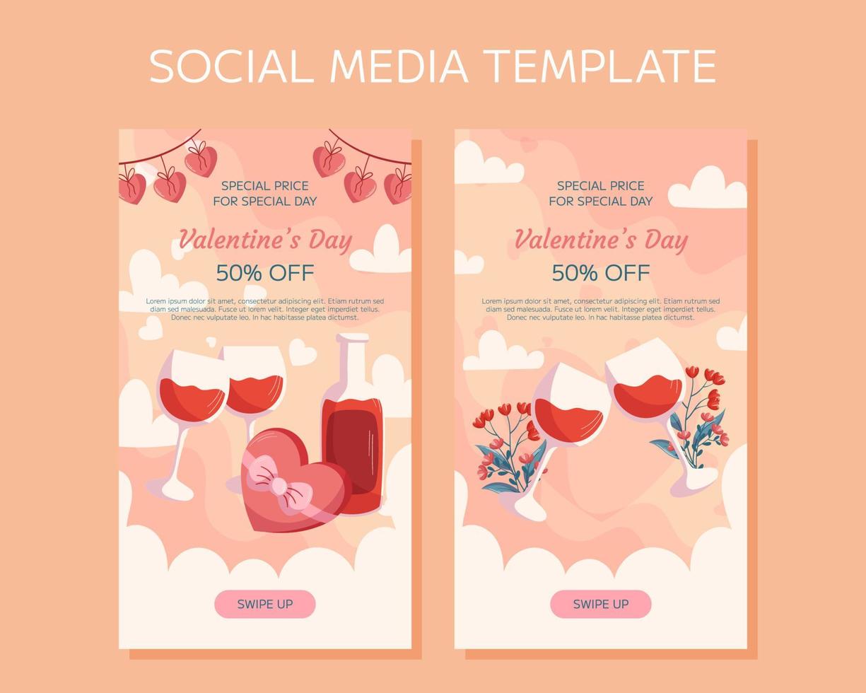 Valentijnsdag dag verticaal sociaal media verhalen sjabloon ontwerp. fles en twee glas van wijn, doos met chocolade in hart vorm met lint, harten guirlande, bloemen. speciaal prijs online boodschappen doen vector