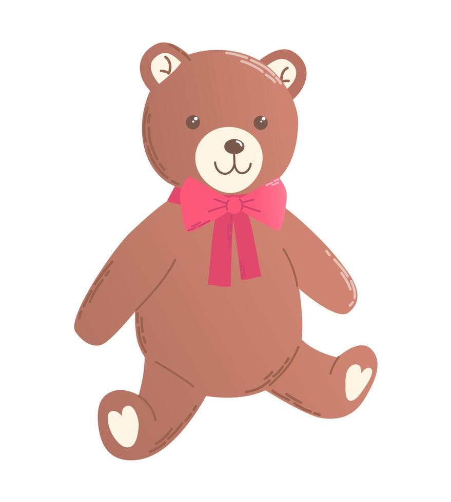 hand- getrokken tekenfilm teddy beer met rood lint in vlak stijl. vector