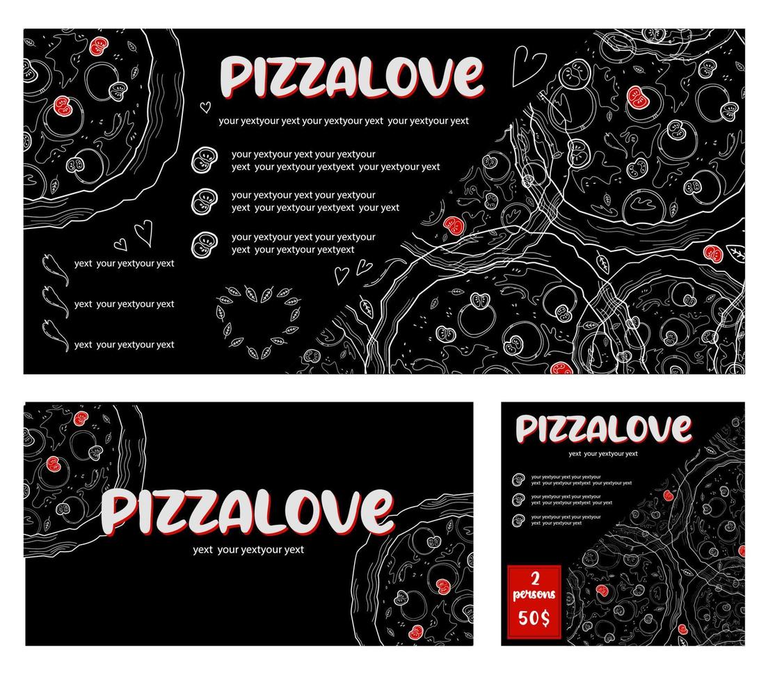 banier voor reclame pizza. pizza menu. pizzeria folder korting. donker modieus modern ontwerp voor sociaal media en afdrukken vector