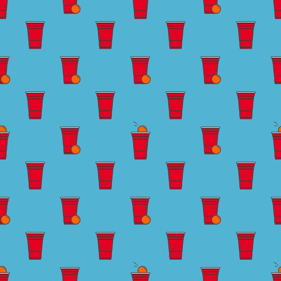bier pong naadloos patroon. rood plastic cups Aan blauw achtergrond. beroemd Amerikaans partij drinken spel. vector achtergrond