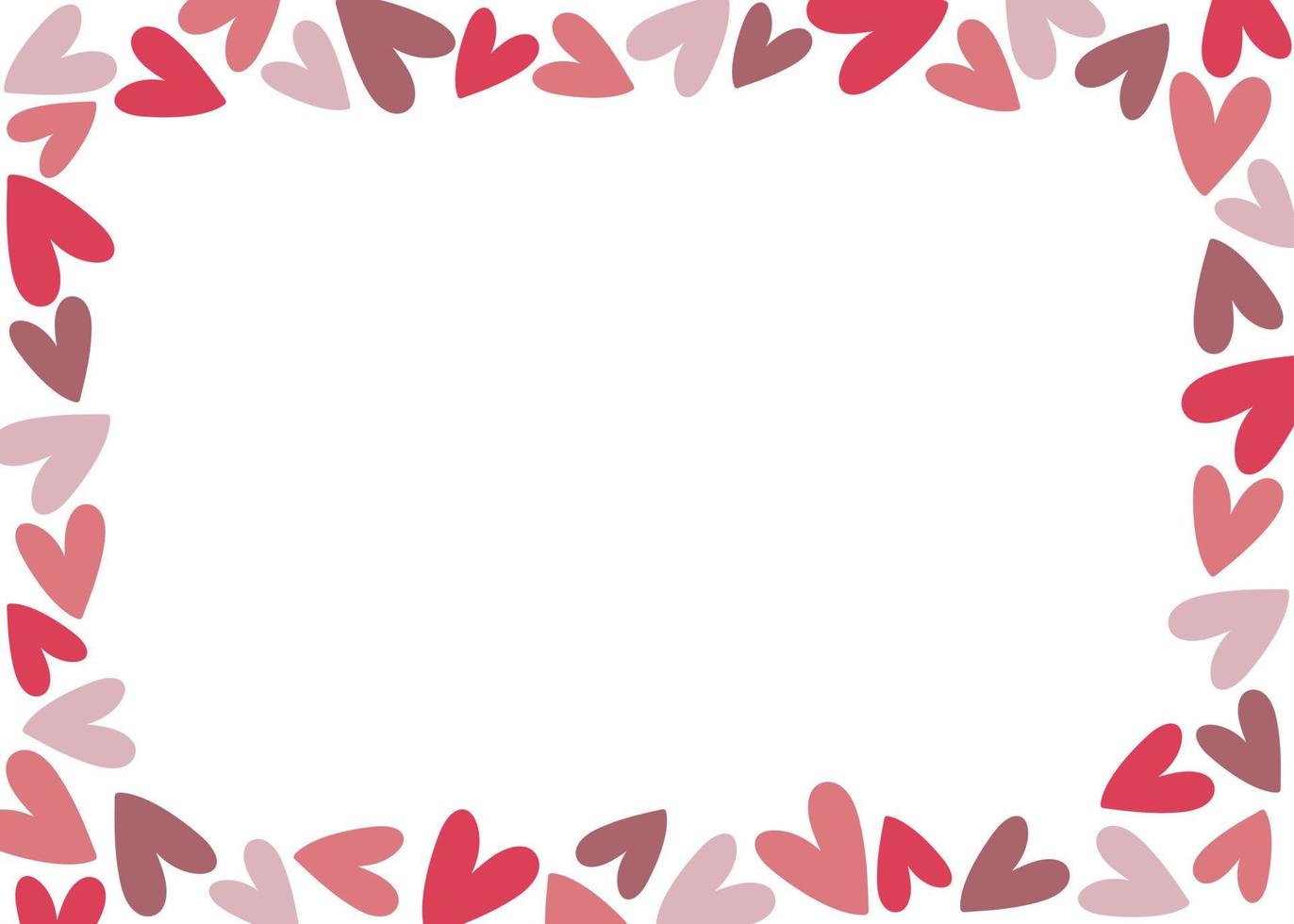 horizontaal kader met roze en Purper harten Aan wit achtergrond. hand- getrokken tekening stijl vector