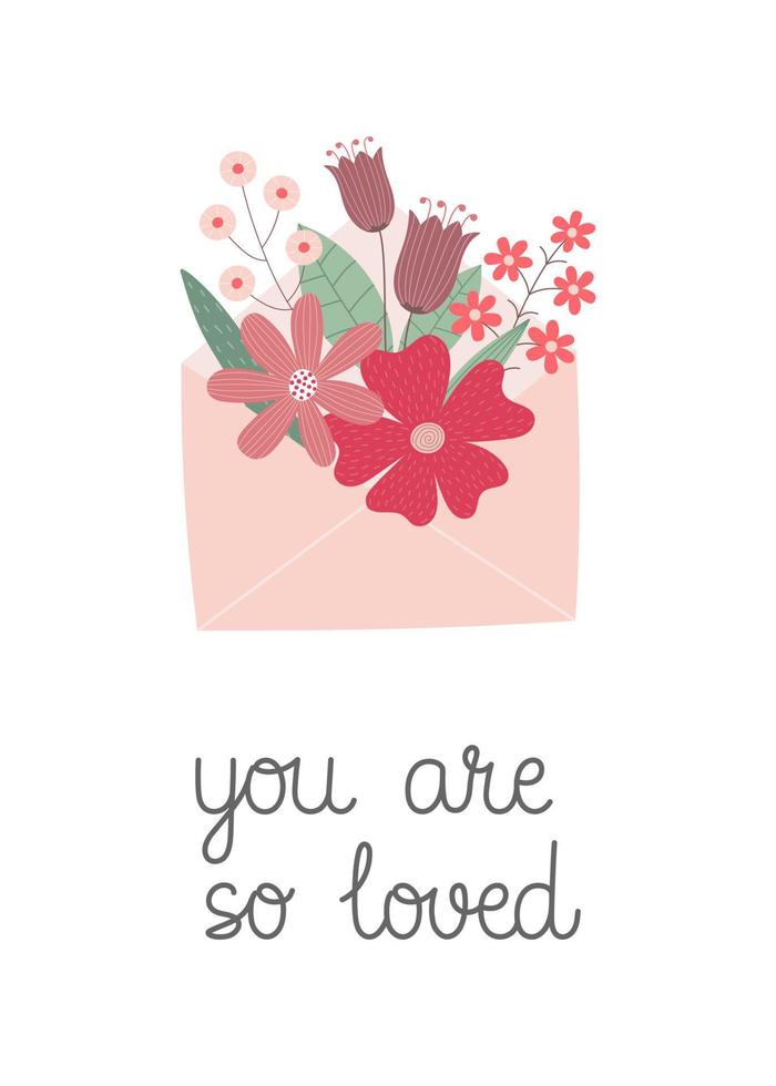 Valentijnsdag dag groet kaart. hand- getrokken envelop met bloemen boeket. sjabloon voor groet kaart, uitnodiging, poster, banier, geschenk label. vector