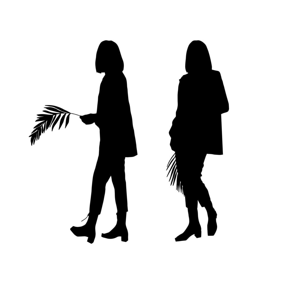 silhouetten van twee jong meisjes van modellen poseren met een palm blad. voor het drukken en laser snijden. vector clip art.