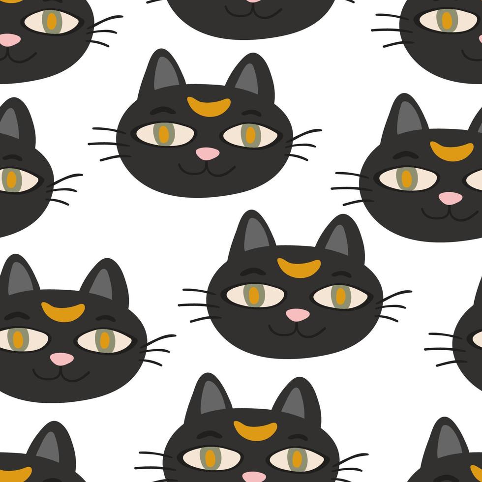 halloween magie zwart kat hoofd vector naadloos patroon. grappig karakter gezicht textuur.
