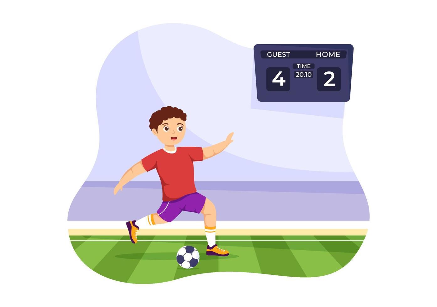 zaalvoetbal, voetbal of Amerikaans voetbal sport illustratie met kinderen spelers het schieten een bal en dribbelen in een kampioenschap sport- vlak tekenfilm hand- getrokken Sjablonen vector