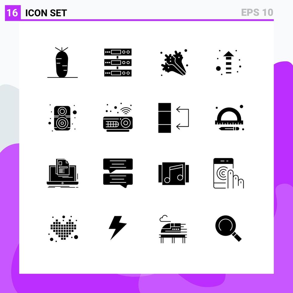 16 solide glyph concept voor websites mobiel en apps geluid computer eetpatroon omhoog pijl bewerkbare vector ontwerp elementen
