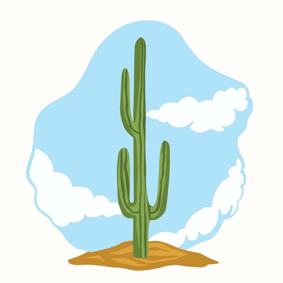 cactus Aan zand grond met blauw lucht en wolken achtergrond vector illustratie geïsoleerd Aan wit achtergrond. woestijn fabriek tekening met gemakkelijk en vlak kleuren.