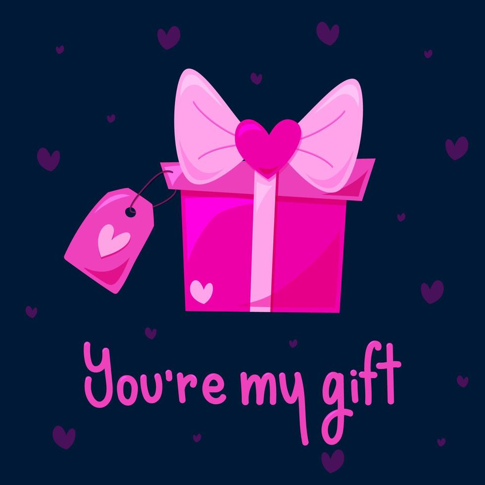 groet kaart met geschenk doos met groot tekenfilm boog voor valentijnsdag dag met roze hart label, u zijn mijn geschenk vector