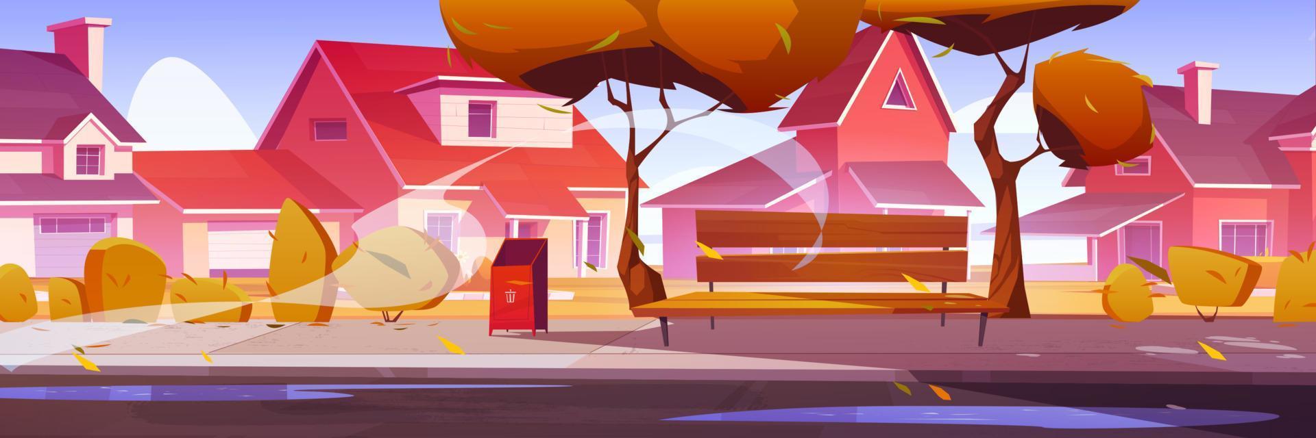 herfst stad- straat met knus huizen, geel bomen vector