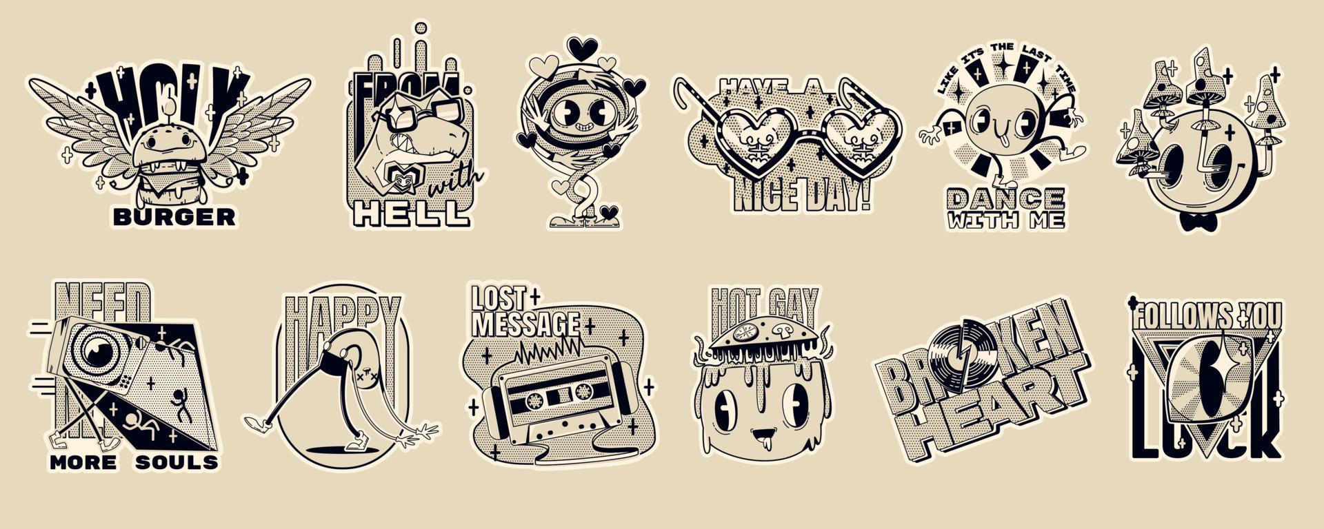 monochroom retro stickers reeks geïsoleerd Aan beige vector