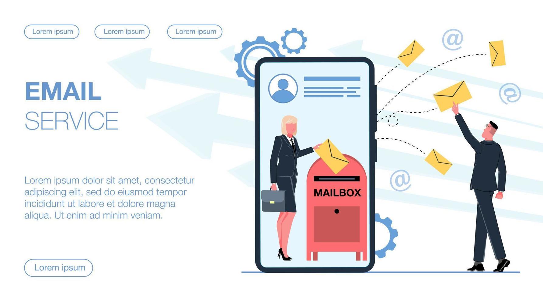 geslaagd zakenvrouw Aan de telefoon stuurt een brief door de postbus zakenman vangsten de brief ze communiceren door e-mail onderhoud vector