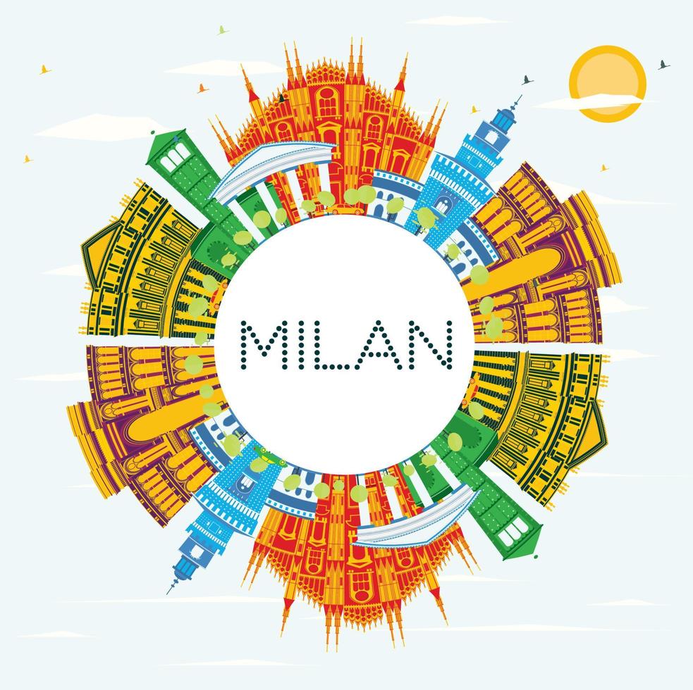 Milaan Italië stad horizon met kleur gebouwen, blauw lucht en kopiëren ruimte. vector