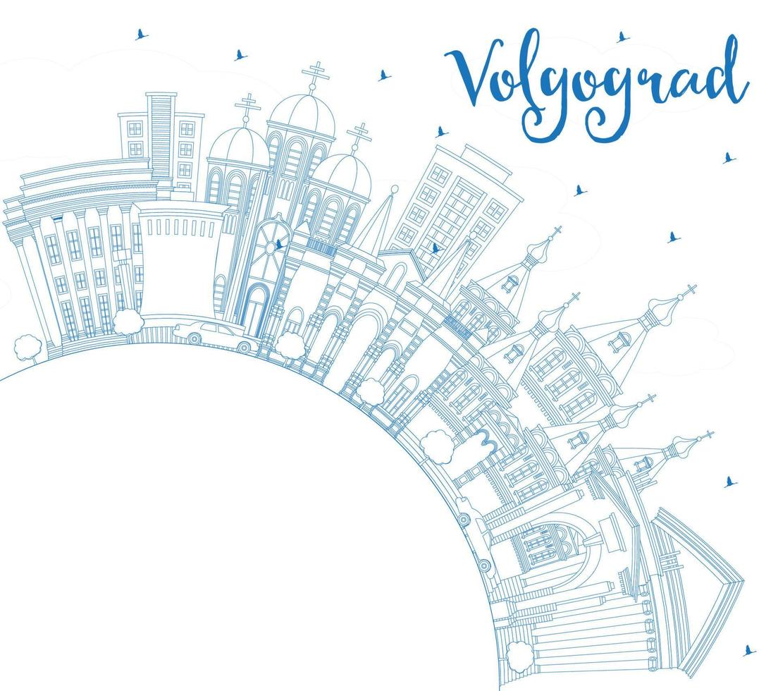 schets volgograd Rusland stad horizon met blauw gebouwen en kopiëren ruimte. vector