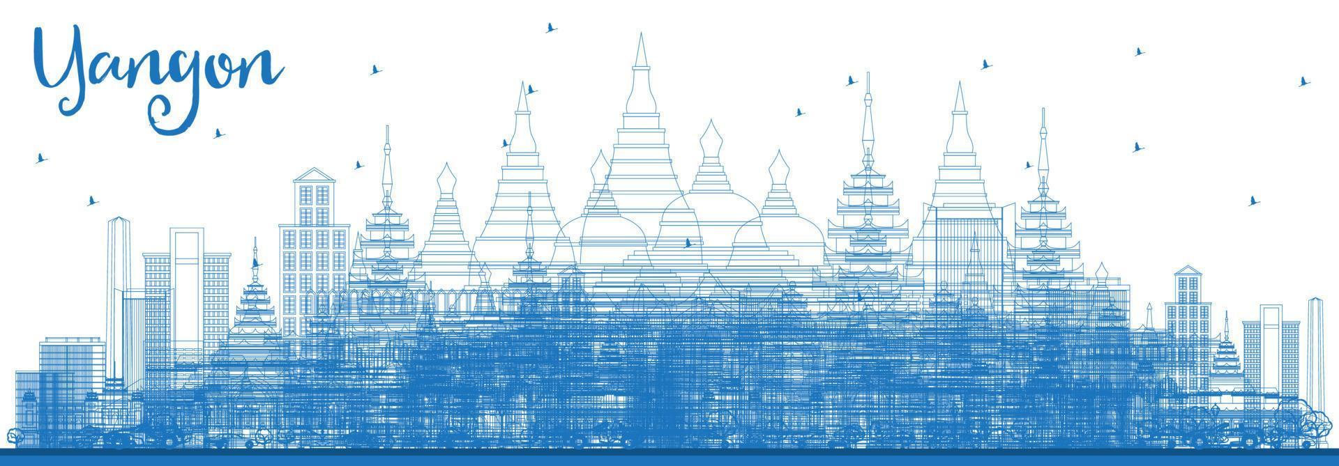 schets yangon horizon met blauw gebouwen. vector