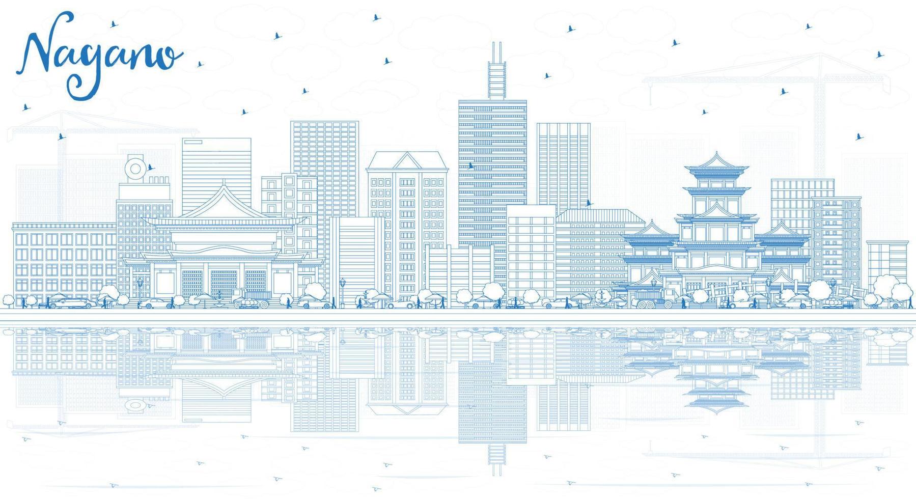 schets Nagano Japan stad horizon met blauw gebouwen en reflecties. vector