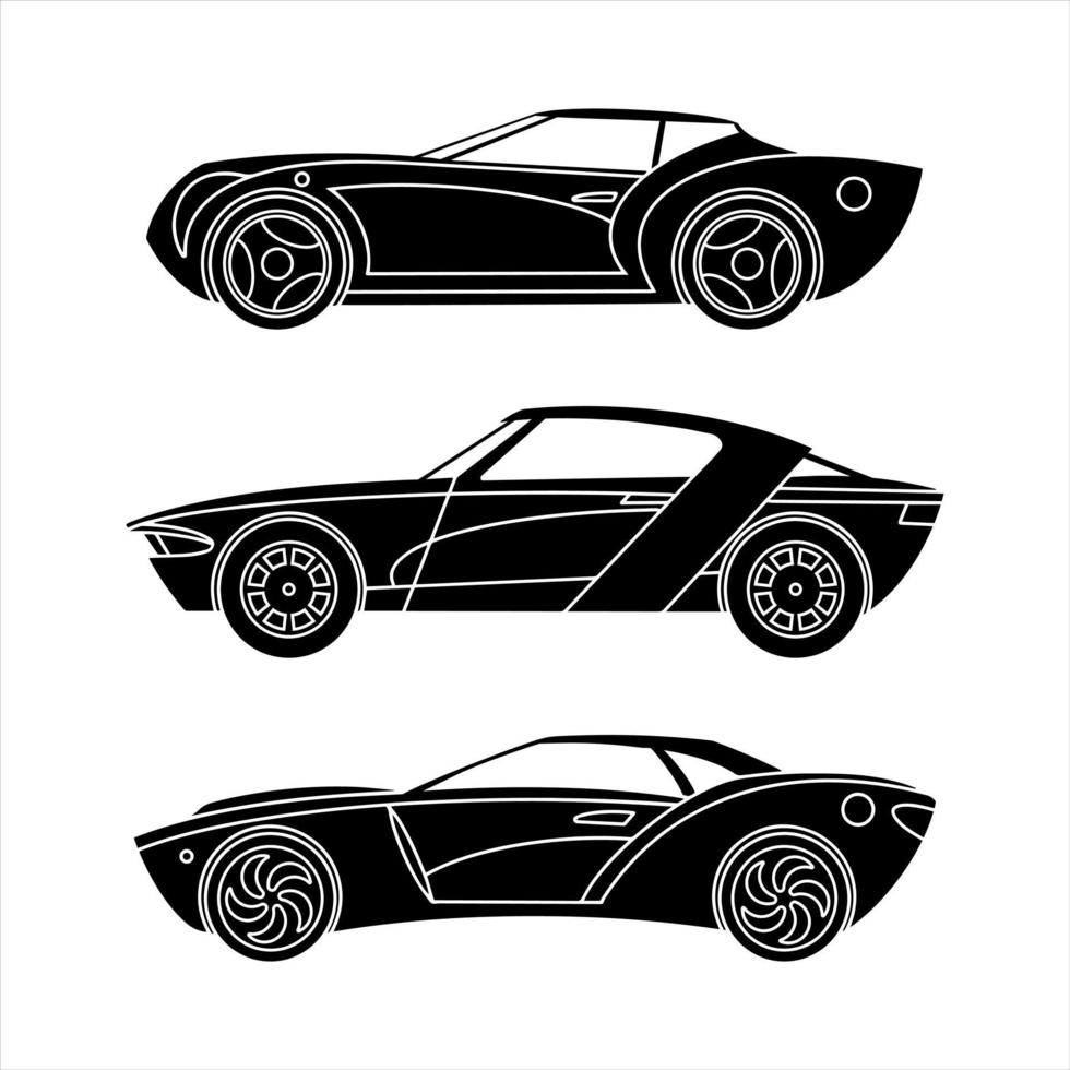 reeks van sport- auto's. sedan auto's. zwart silhouet pictogrammen. vector illustratie