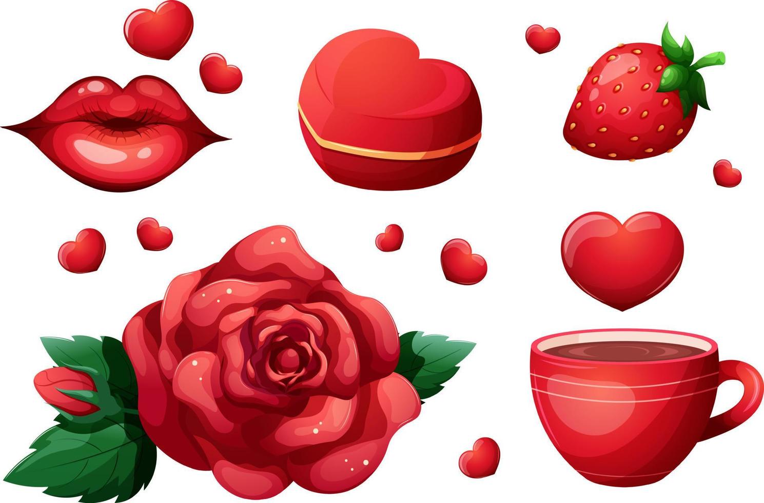 liefde set. Valentijnsdag dag set. kus, hart, roos, kop van koffie of thee, aardbei, ring doos vector