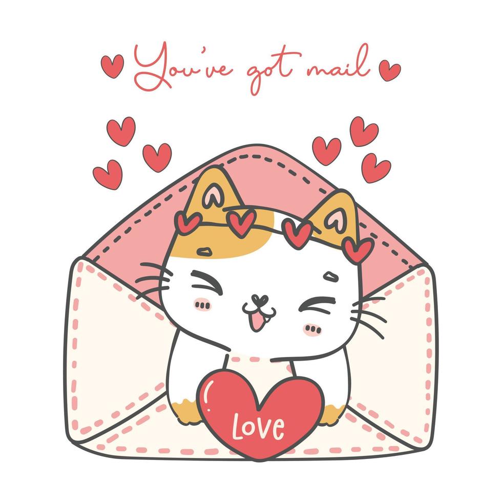 schattig zoet Valentijn calico katje kat in liefde envelop met rood hart tekenfilm dier tekening hand- tekening illustratie vector