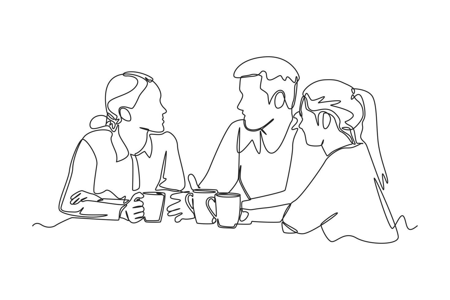 single een lijn tekening drie vrienden pratend en drinken koffie in een cafe. hangouts met vrienden concept. doorlopend lijn trek ontwerp grafisch vector illustratie.