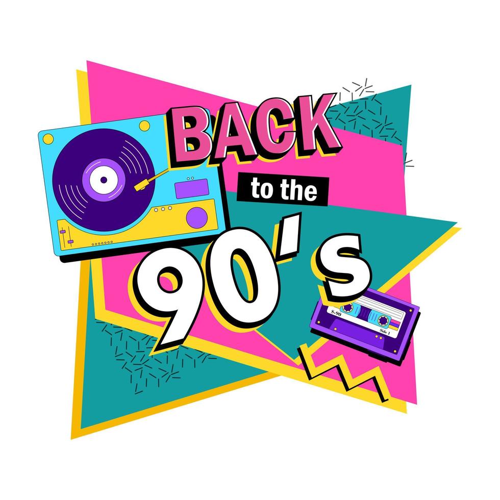 terug in naar jaren 90. voor altijd jong. de 90's stijl label. laten we Gaan retro partij jaren 90. vector illustratie