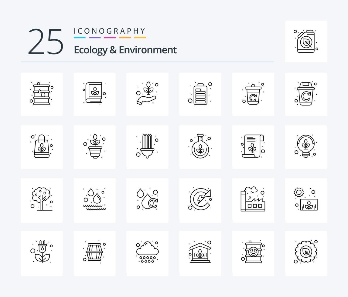 ecologie en milieu 25 lijn icoon pak inclusief recyclen. optimalisatie. omgeving. motor. accu vector