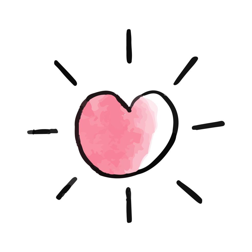 vector schattig roze hand- getrokken waterverf hart met zon stralen.